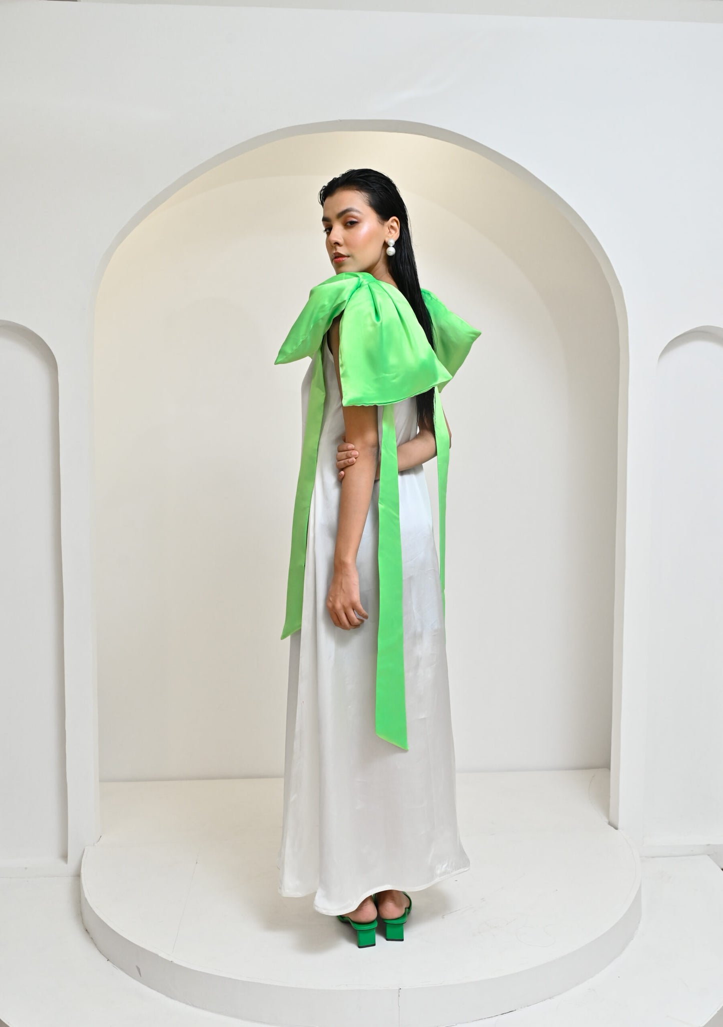 White satin bow dress