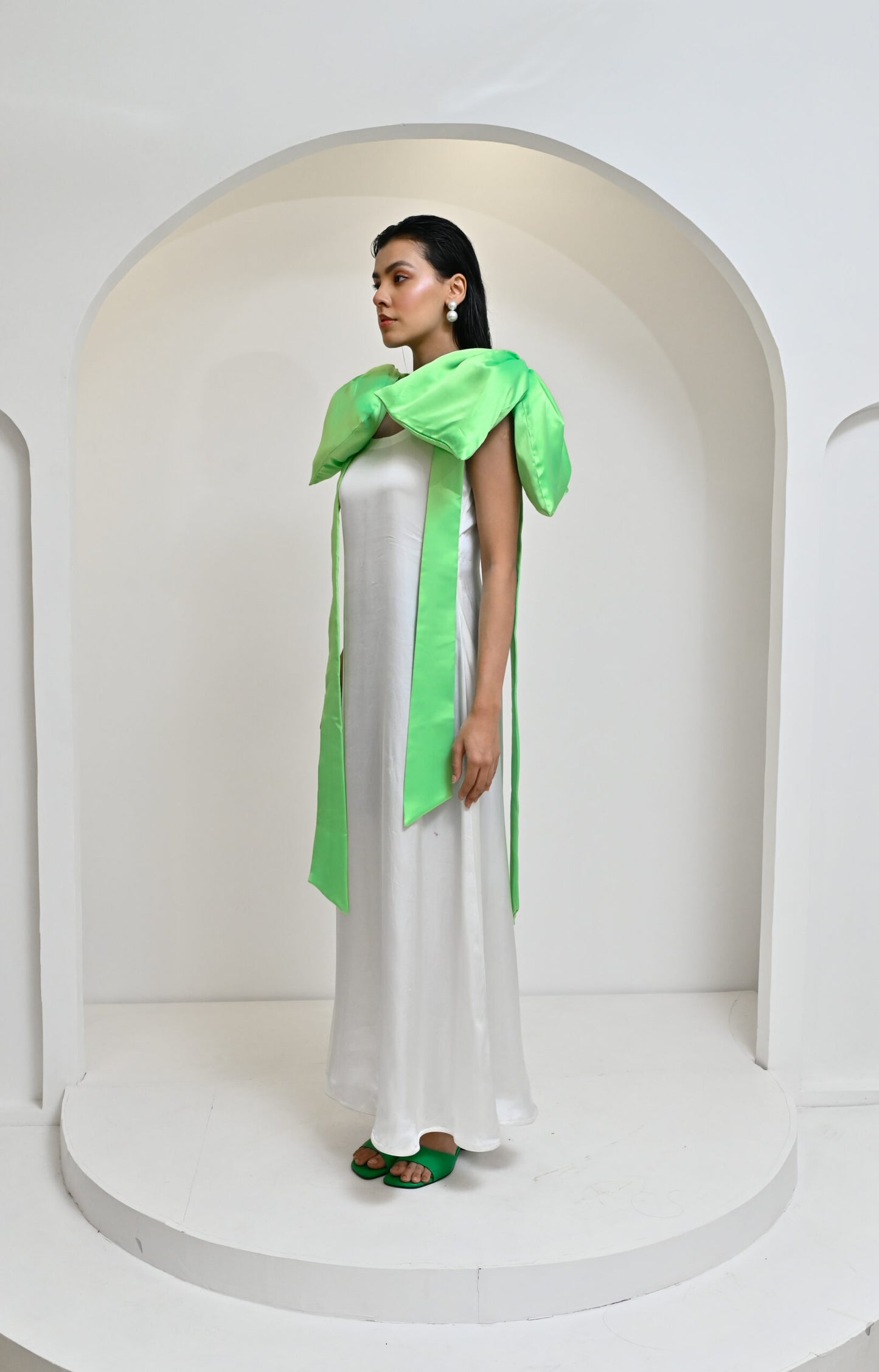 White satin bow dress