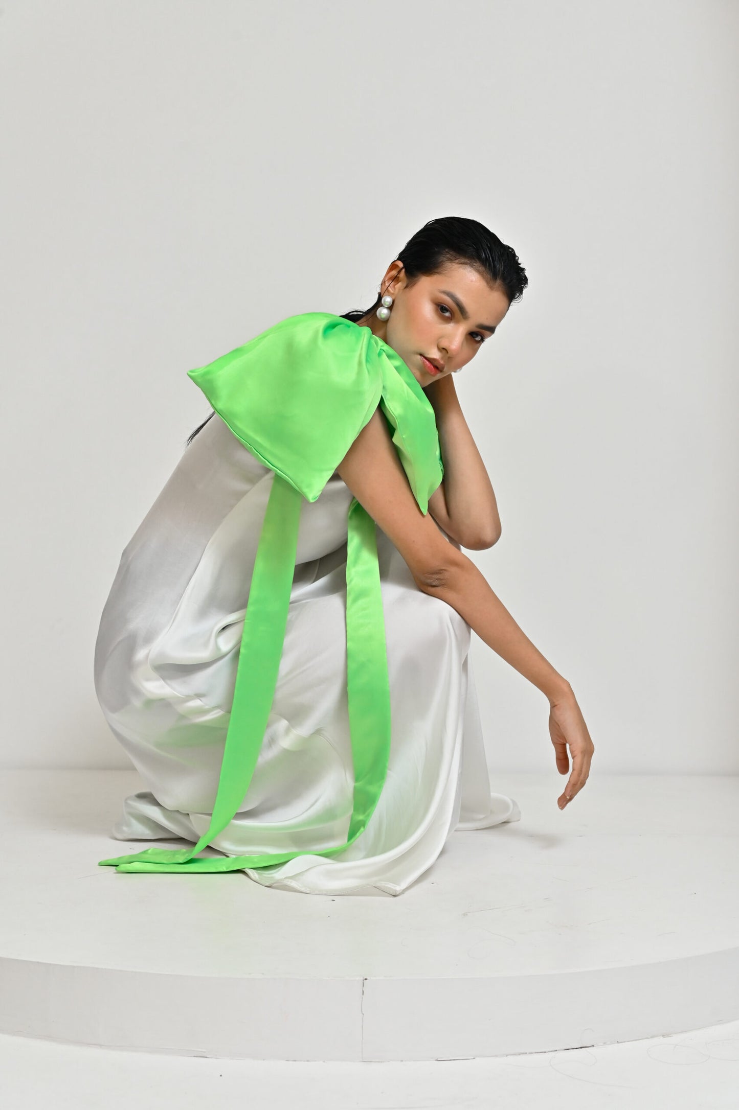 White satin bow dress